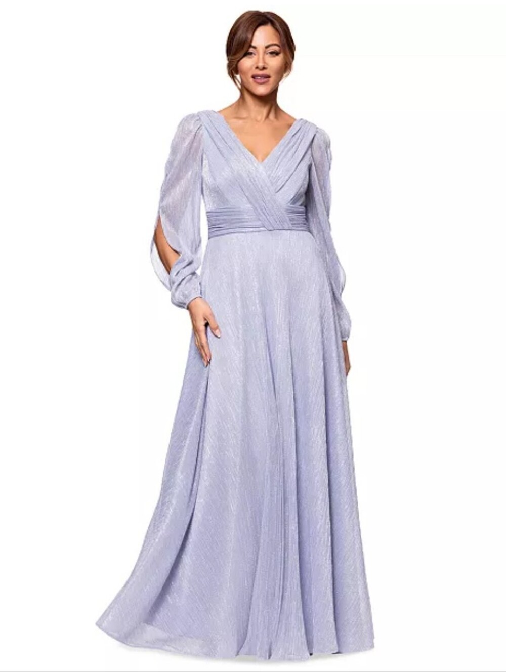 Betsy & Adam Silver Metallic Long Sleeve Plunge V Neck Maxi Gown Size 14 $289